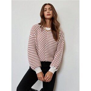 Patchwork Geometric Pattern Crew Neck Long Sleeve Casual Women Sweater
